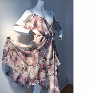 Le Chateau PLUS SIZE Flowy Chiffon Lavender Purple White Ruffle Dress Floral NWT